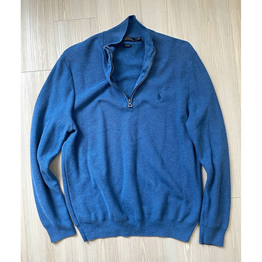 Polo Ralph Lauren Men's Blue Knit 1/4 Zip Pima Cotton Sweater Size L Preppy